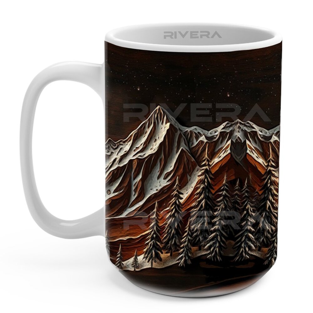 Moon Mountain Snow Trees Mug Printed Wood effect, Coffee Mug Wood Panel, Tea Mug